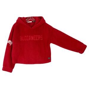 DKNY SPORT Hoodie Women ~M Red Fleece Logo “Buccaneers” Cropped Long-Slv Fluffy